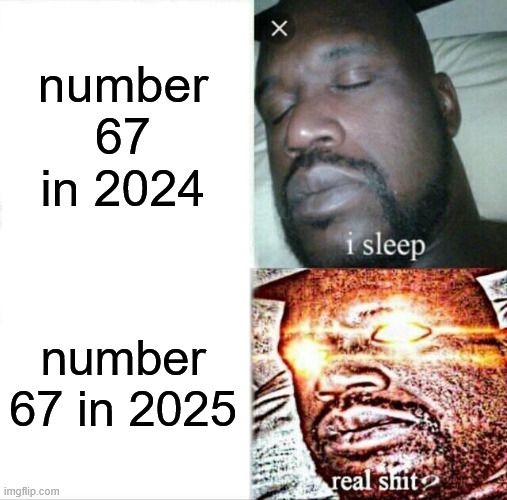 this is stupid | number 67 in 2024; number 67 in 2025 | image tagged in memes,sleeping shaq | made w/ Imgflip meme maker