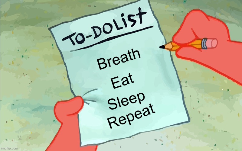 patrick to do list actually blank | Breath; Eat; Sleep; Repeat | image tagged in patrick to do list actually blank | made w/ Imgflip meme maker