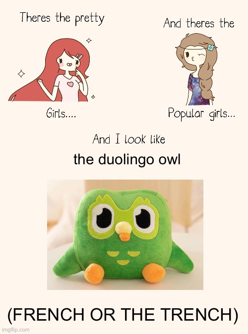 duolingo | the duolingo owl; (FRENCH OR THE TRENCH) | image tagged in there's the pretty girls | made w/ Imgflip meme maker
