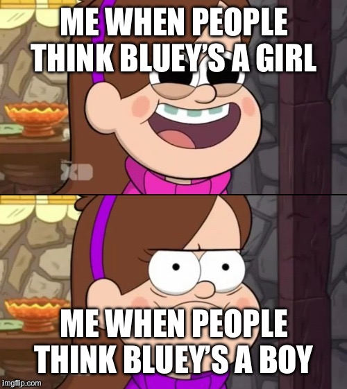 Happy and Angry Mabel | ME WHEN PEOPLE THINK BLUEY’S A GIRL; ME WHEN PEOPLE THINK BLUEY’S A BOY | image tagged in happy and angry mabel | made w/ Imgflip meme maker