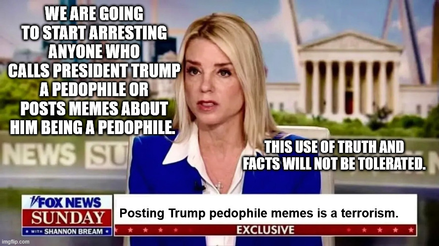 Facts. | WE ARE GOING TO START ARRESTING ANYONE WHO CALLS PRESIDENT TRUMP A PEDOPHILE OR POSTS MEMES ABOUT HIM BEING A PEDOPHILE. THIS USE OF TRUTH AND FACTS WILL NOT BE TOLERATED. Posting Trump pedophile memes is a terrorism. | image tagged in pam bondi interview,donald trump,jeffrey epstein | made w/ Imgflip meme maker