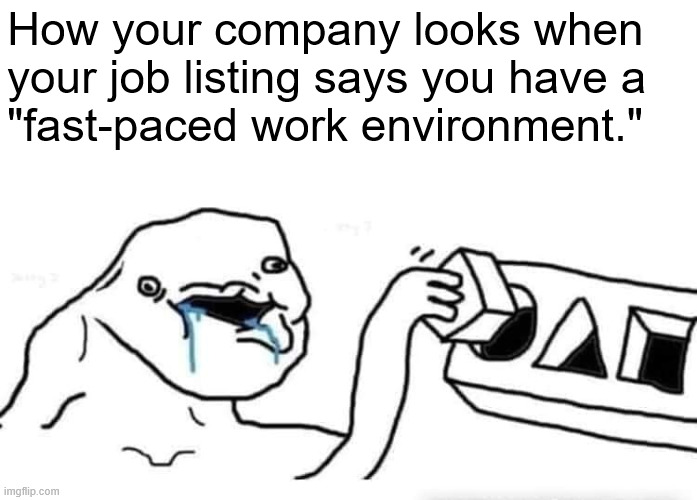 Fast-Paced Work Environment | How your company looks when your job listing says you have a 
"fast-paced work environment." | image tagged in stupid dumb drooling puzzle,fast-paced,job hunt | made w/ Imgflip meme maker