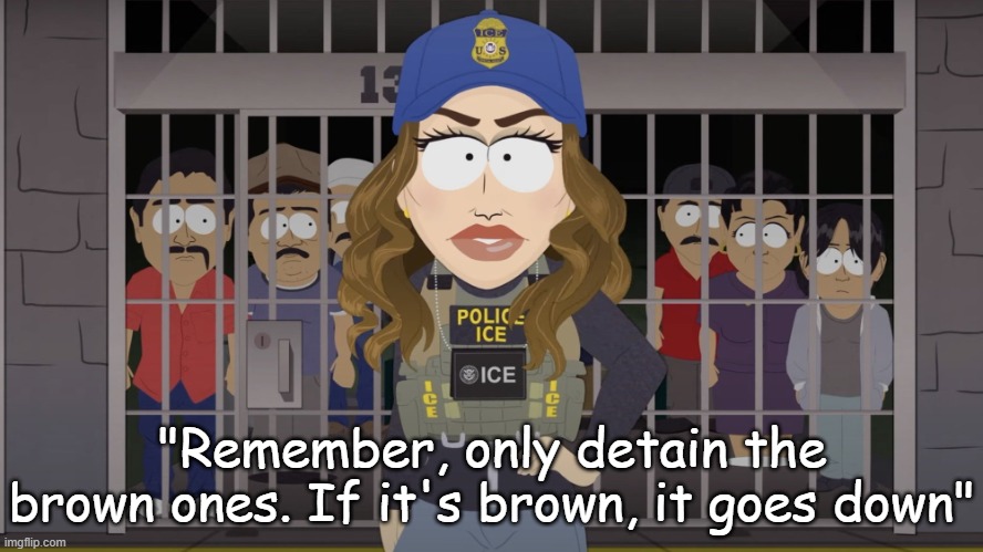 Kristi Noem Southpark "If it's brown, it goes down" | "Remember, only detain the brown ones. If it's brown, it goes down" | image tagged in kristi noem puppy killer southpark ice,trump,ice,republican,secret police,concentration camp | made w/ Imgflip meme maker