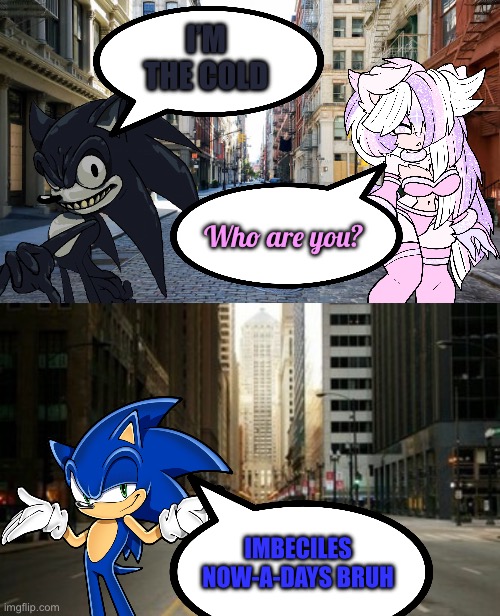 Goofball | I’M THE COLD; Who are you? IMBECILES NOW-A-DAYS BRUH | image tagged in sonic the hedgehog,original character | made w/ Imgflip meme maker