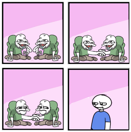 Two monsters shaking hands and looking at a regular person Blank Meme Template