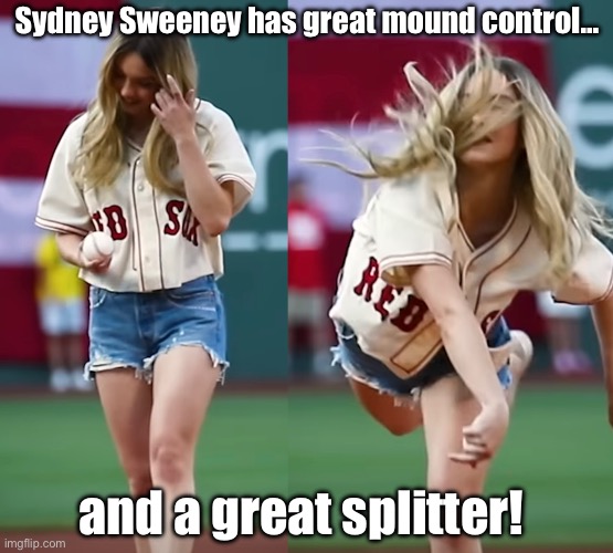 Swoon for Sweeney | Sydney Sweeney has great mound control…; and a great splitter! | image tagged in sydney,jeans | made w/ Imgflip meme maker