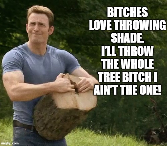 Throw Shade | BITCHES LOVE THROWING SHADE. I’LL THROW THE WHOLE TREE BITCH I AIN’T THE ONE! | image tagged in chris evans chopping wood | made w/ Imgflip meme maker