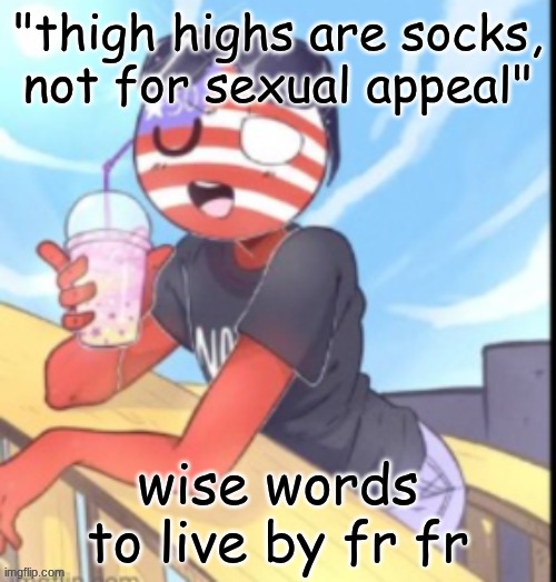 twink 'merica | "thigh highs are socks, not for sexual appeal"; wise words to live by fr fr | image tagged in twink 'merica | made w/ Imgflip meme maker