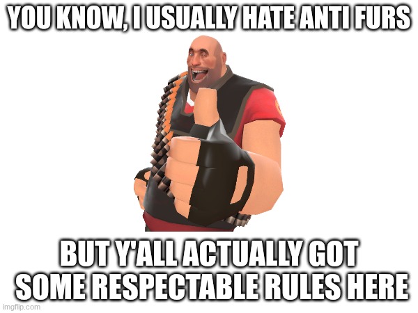 ldk, maybe it's all the nine year olds on Roblox or sumn, but y'all are alright in my book(I need to stop posting in here) | YOU KNOW, I USUALLY HATE ANTI FURS; BUT Y'ALL ACTUALLY GOT  SOME RESPECTABLE RULES HERE | made w/ Imgflip meme maker
