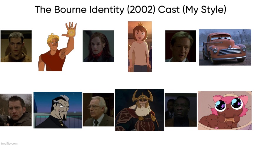 The Bourne Identity (2002) Cast (My Style) | image tagged in the bourne identity 2002 cast my style,meme,memes,spoof cast,the bourne identity,characters | made w/ Imgflip meme maker