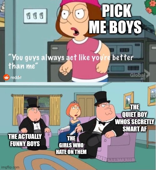 I'm the one who hates on them | PICK ME BOYS; THE QUIET BOY WHOS SECRETLY SMART AF; THE ACTUALLY FUNNY BOYS; THE GIRLS WHO HATE ON THEM | image tagged in you guys always act like you're better than me,family guy | made w/ Imgflip meme maker