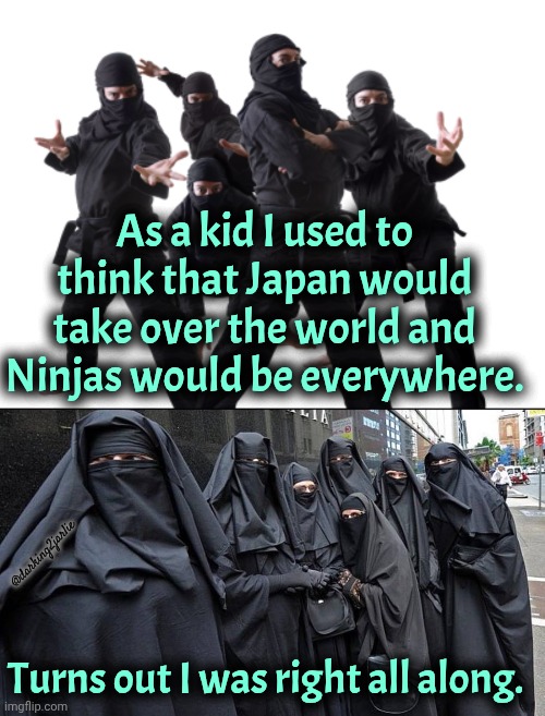 This is darkest dark humour in darkville. | As a kid I used to think that Japan would take over the world and Ninjas would be everywhere. @darking2jarlie; Turns out I was right all along. | image tagged in it ninjas,burka,dark humor,islam,japan | made w/ Imgflip meme maker