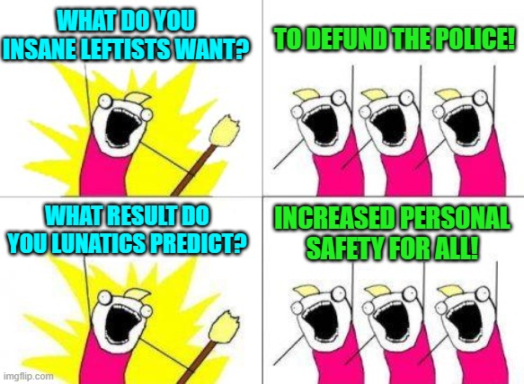 Thus those rumors that leftists are incapable of logic and meaningful thought, get started. | WHAT DO YOU INSANE LEFTISTS WANT? TO DEFUND THE POLICE! WHAT RESULT DO YOU LUNATICS PREDICT? INCREASED PERSONAL SAFETY FOR ALL! | image tagged in what do we want | made w/ Imgflip meme maker