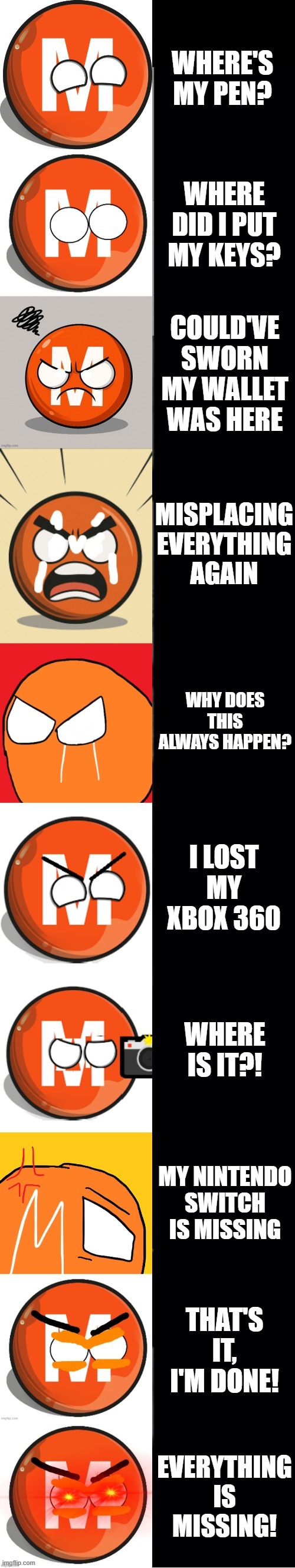 M-Trainball becoming Angry: You lost | WHERE'S MY PEN? WHERE DID I PUT MY KEYS? COULD'VE SWORN MY WALLET WAS HERE; MISPLACING EVERYTHING AGAIN; WHY DOES THIS ALWAYS HAPPEN? I LOST MY XBOX 360; WHERE IS IT?! MY NINTENDO SWITCH IS MISSING; THAT'S IT, I'M DONE! EVERYTHING IS MISSING! | image tagged in m-trainball becoming angry template | made w/ Imgflip meme maker