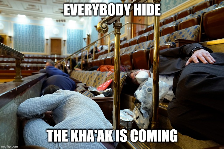 kha'ak | EVERYBODY HIDE; THE KHA'AK IS COMING | image tagged in congress hiding,kha'ak | made w/ Imgflip meme maker
