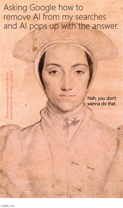 Indeed | Asking Google how to
remove AI from my searches
and AI pops up with the answer. Woman wearing a white headdress,
Hans Holbein the Younger: minkpen; Nah, you don't wanna do that. | image tagged in artmemes,art memes,search,google,ai | made w/ Imgflip meme maker