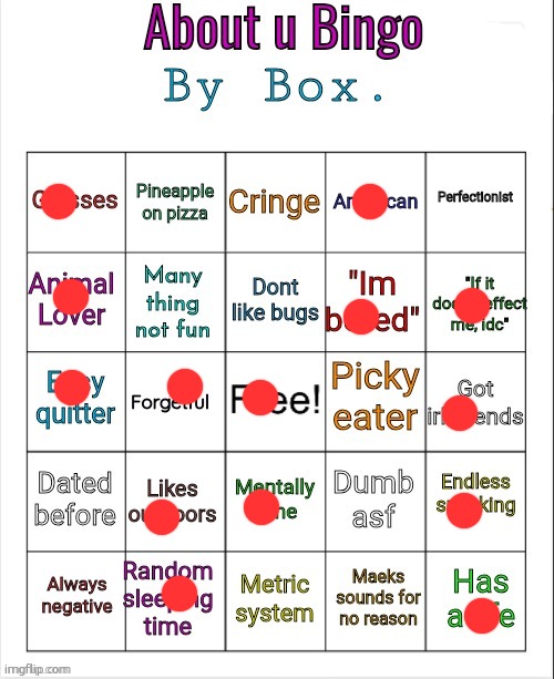 7/10 | image tagged in about u bingo by box | made w/ Imgflip meme maker