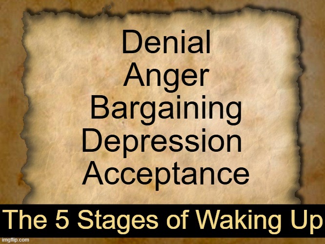 Good Grief! | Denial
Anger
Bargaining
Depression 
Acceptance; The 5 Stages of Waking Up | image tagged in handy guide,the truth,the truth hurts,waking up,reality,slowest things | made w/ Imgflip meme maker