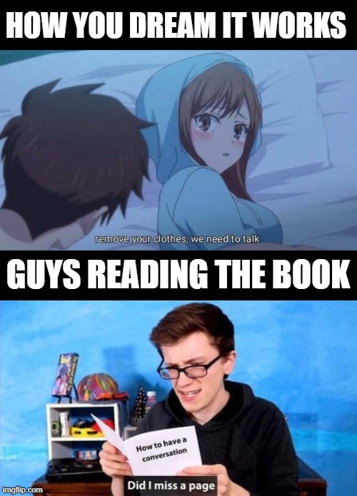 IRL is different | HOW YOU DREAM IT WORKS; GUYS READING THE BOOK | image tagged in relationships | made w/ Imgflip meme maker