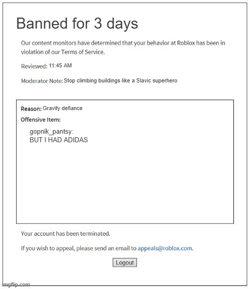 Moderation System | Banned for 3 days; 11:45 AM; Stop climbing buildings like a Slavic superhero; Gravity defiance; gopnik_pantsy: BUT I HAD ADIDAS | image tagged in moderation system,slavic lives matter,black lives matter | made w/ Imgflip meme maker