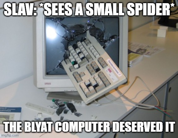 Broken computer | SLAV: *SEES A SMALL SPIDER*; THE BLYAT COMPUTER DESERVED IT | image tagged in broken computer,slavic lives matter | made w/ Imgflip meme maker