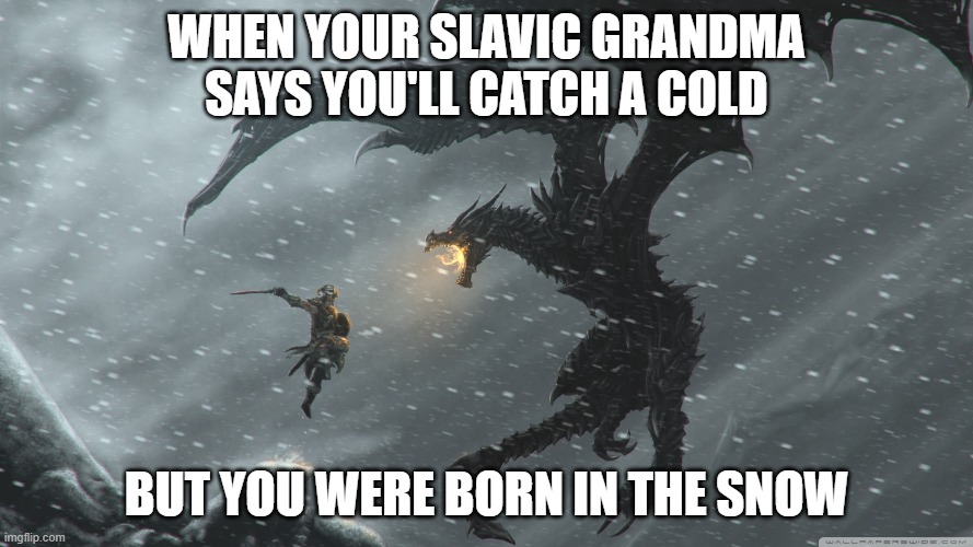 Skyrim Dragon Fight | WHEN YOUR SLAVIC GRANDMA SAYS YOU'LL CATCH A COLD; BUT YOU WERE BORN IN THE SNOW | image tagged in skyrim dragon fight,slavic squat,slavic lives matter | made w/ Imgflip meme maker