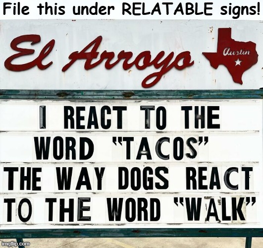 Too True | File this under RELATABLE signs! | image tagged in funny sign,wholesome content,relatable,tacos,tacos are the answer,laughing dog | made w/ Imgflip meme maker