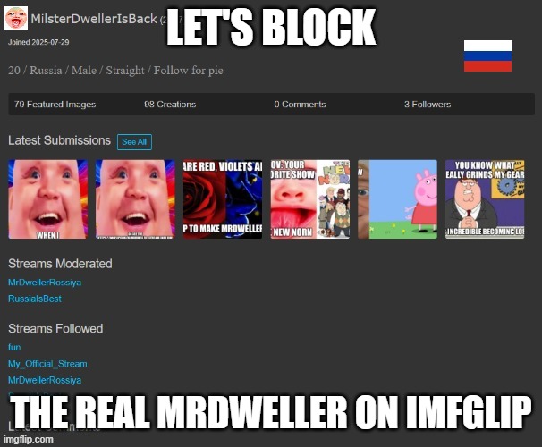Block the Real MrDweller (MilsterDwellerIsBack) | LET'S BLOCK; THE REAL MRDWELLER ON IMFGLIP | image tagged in mrdweller on imgflip profile | made w/ Imgflip meme maker