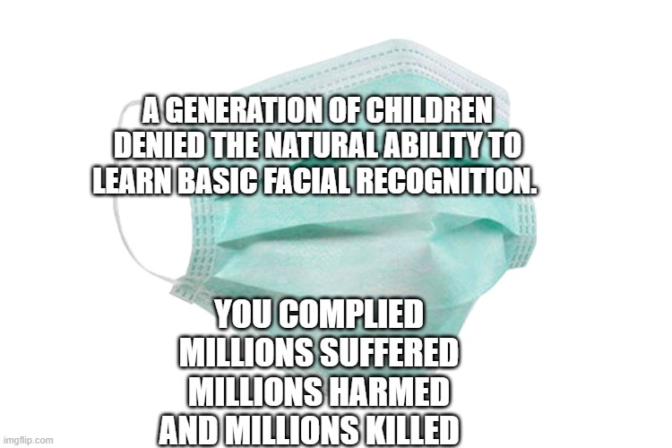 Face mask | A GENERATION OF CHILDREN DENIED THE NATURAL ABILITY TO LEARN BASIC FACIAL RECOGNITION. YOU COMPLIED MILLIONS SUFFERED MILLIONS HARMED AND MILLIONS KILLED | image tagged in face mask | made w/ Imgflip meme maker