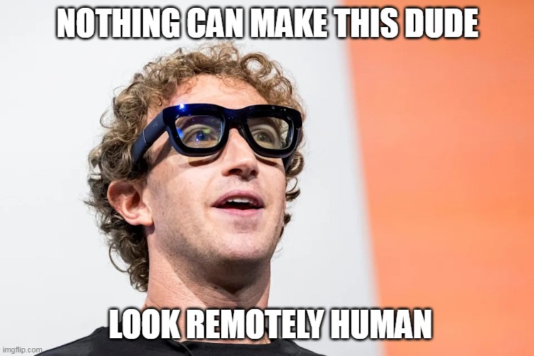 Nothing can make this dude look remotely human | NOTHING CAN MAKE THIS DUDE; LOOK REMOTELY HUMAN | image tagged in mark zuckerberg,funny,android,lizard person,rayban,pervert | made w/ Imgflip meme maker