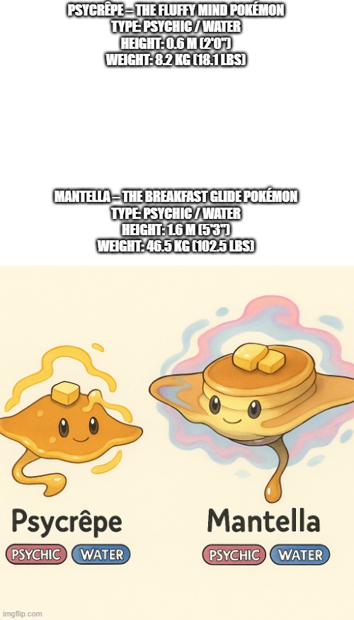 just some random pokemon a made | PSYCRÊPE – THE FLUFFY MIND POKÉMON
TYPE: PSYCHIC / WATER
HEIGHT: 0.6 M (2'0")
WEIGHT: 8.2 KG (18.1 LBS); MANTELLA – THE BREAKFAST GLIDE POKÉMON
TYPE: PSYCHIC / WATER
HEIGHT: 1.6 M (5'3")
WEIGHT: 46.5 KG (102.5 LBS) | image tagged in pokemon,fakemon | made w/ Imgflip meme maker