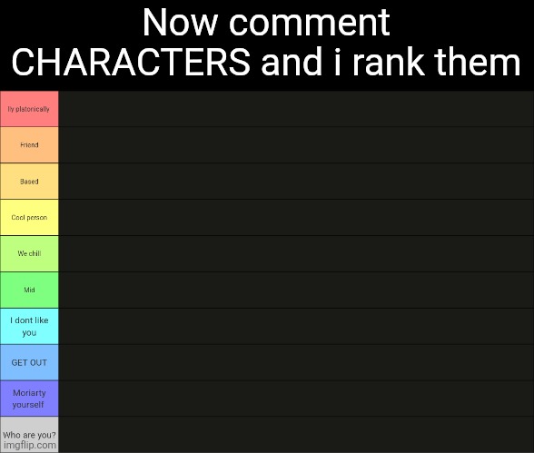Dea's tier list 2.0 | Now comment CHARACTERS and i rank them | image tagged in dea's tier list 2 0 | made w/ Imgflip meme maker
