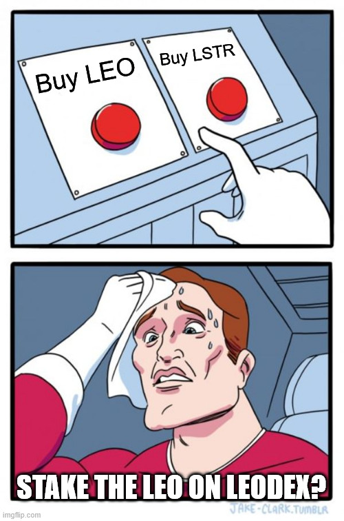 Two Buttons Meme | Buy LSTR; Buy LEO; STAKE THE LEO ON LEODEX? | image tagged in memes,two buttons | made w/ Imgflip meme maker