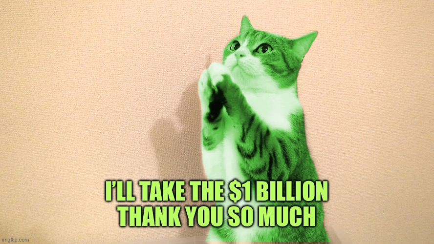 RayCat Pray | I’LL TAKE THE $1 BILLION
THANK YOU SO MUCH | image tagged in raycat pray | made w/ Imgflip meme maker