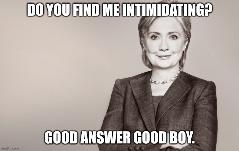 Hillary Clinton | DO YOU FIND ME INTIMIDATING? GOOD ANSWER GOOD BOY. | image tagged in hillary clinton | made w/ Imgflip meme maker