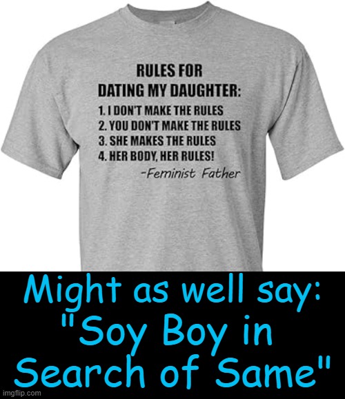 Wimpy Father Looking for Wimpy Son-in-Law | Might as well say:; "Soy Boy in 
Search of Same" | image tagged in the truth,sorry not sorry,feminist,male feminist,the truth hurts,feelings | made w/ Imgflip meme maker