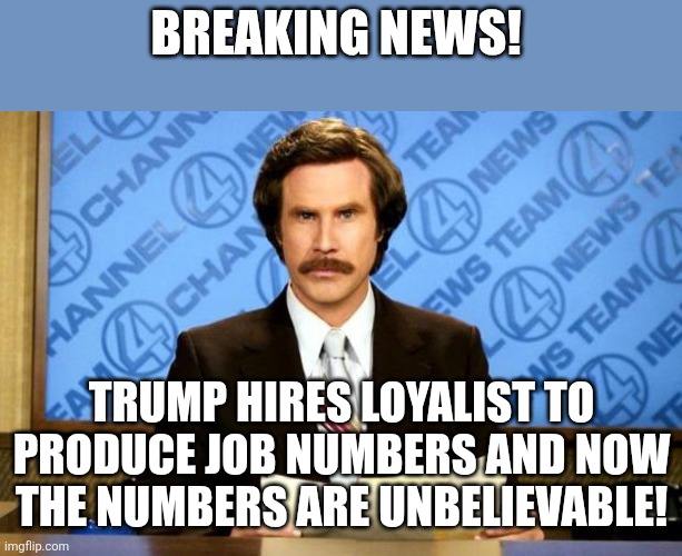 Jobs are fixed | BREAKING NEWS! TRUMP HIRES LOYALIST TO PRODUCE JOB NUMBERS AND NOW THE NUMBERS ARE UNBELIEVABLE! | image tagged in donald trump,trump,maga,nevertrump,trump supporter,trump sucks | made w/ Imgflip meme maker