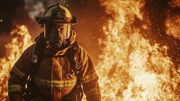 fire fighter amid flames stockcake Blank Meme Template