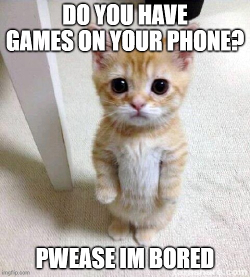 games on phone meme | DO YOU HAVE GAMES ON YOUR PHONE? PWEASE IM BORED | image tagged in memes,cute cat | made w/ Imgflip meme maker