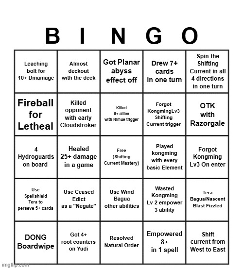Blank five by five Bingo grid | B   I    N   G   O; Almost deckout with the deck; Got Planar abyss effect off; Spin the Shifting Current in all 4 directions in one turn; Leaching bolt for 10+ Dmamage; Drew 7+ cards in one turn; Killed opponent with early Cloudstroker; Killed 5+ allies with Nimue trigger; Forgot KongmingLv3 Shifting Current trigger; Fireball for Letheal; OTK with Razorgale; Healed 25+ damage in a game; Free (Shifting Current Mastery); Played kongming with every basic Element; Forgot Kongming Lv3 On enter; 4 Hydroguards on board; Use Ceased Edict as a "Negate"; Use Wind Bagua other abilities; Use Spellshield Tera to perseve 5+ cards; Wasted Kongming Lv 2 empower 3 ability; Tera Bagua/Nascent Blast Fizzled; DONG Boardwipe; Got 4+ root counters on Yudi; Resolved Natural Order; Empowered 8+ in 1 spell; Shift current from West to East | image tagged in blank five by five bingo grid | made w/ Imgflip meme maker