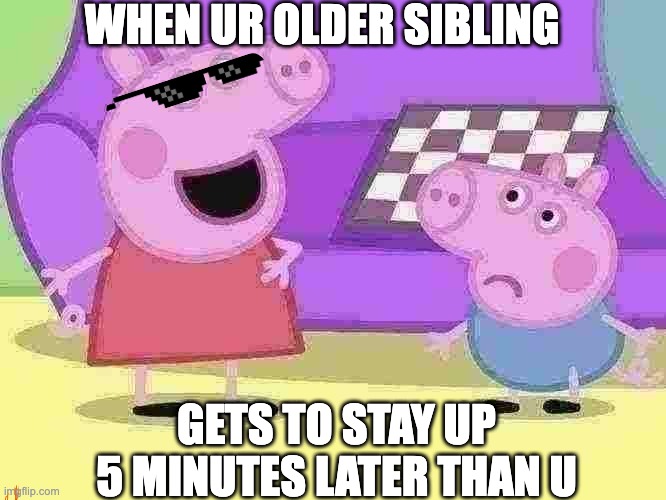 Peppa Pig and George | WHEN UR OLDER SIBLING; GETS TO STAY UP 5 MINUTES LATER THAN U | image tagged in peppa pig and george | made w/ Imgflip meme maker