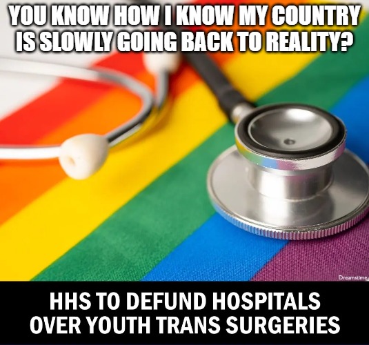 Taxpayers have no business being forced to pay for delusion surgeries. | YOU KNOW HOW I KNOW MY COUNTRY IS SLOWLY GOING BACK TO REALITY? | image tagged in hhs,transgender,surgeries,maga | made w/ Imgflip meme maker