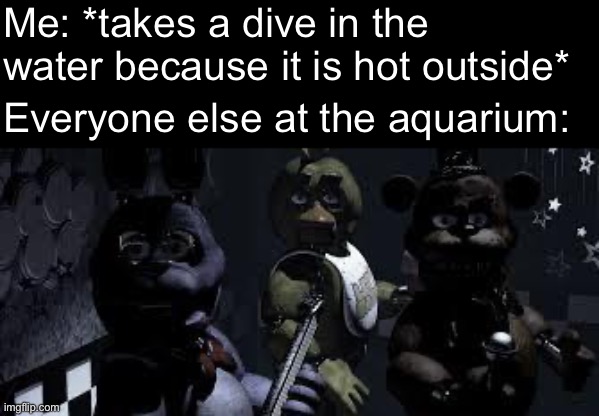 FNAF Camera All Stare | Me: *takes a dive in the water because it is hot outside*; Everyone else at the aquarium: | image tagged in fnaf camera all stare,aquarium,memes,funny,five nights at freddy's | made w/ Imgflip meme maker