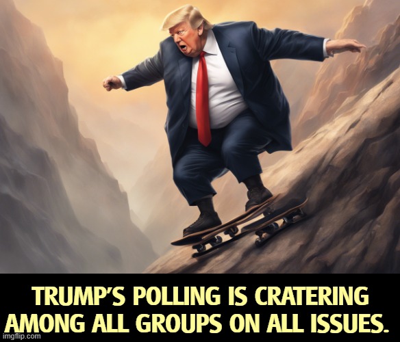 It's all downhill from here. | TRUMP'S POLLING IS CRATERING AMONG ALL GROUPS ON ALL ISSUES. | image tagged in trump's polling is cratering among all groups on all issues,trump,approval,down,disapproval | made w/ Imgflip meme maker