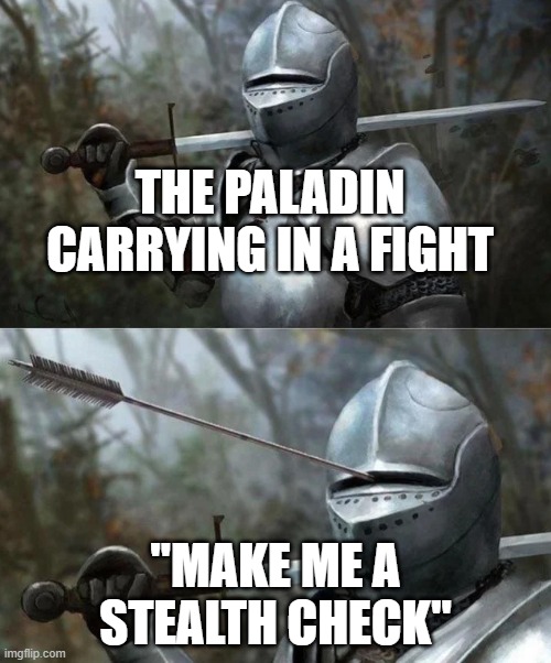 Medieval Knight with Arrow In Eye Slot | THE PALADIN CARRYING IN A FIGHT; "MAKE ME A STEALTH CHECK" | image tagged in medieval knight with arrow in eye slot | made w/ Imgflip meme maker
