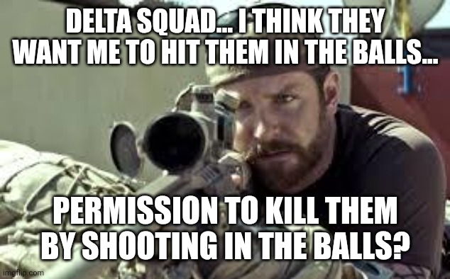 American Sniper | DELTA SQUAD... I THINK THEY WANT ME TO HIT THEM IN THE BALLS... PERMISSION TO KILL THEM BY SHOOTING IN THE BALLS? | image tagged in american sniper | made w/ Imgflip meme maker