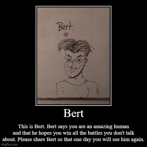 Bert | Bert | This is Bert. Bert says you are an amazing human and that he hopes you win all the battles you don't talk about. Please share Bert so | image tagged in funny,demotivationals | made w/ Imgflip demotivational maker