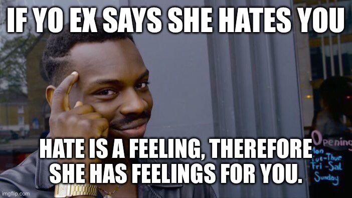 Roll Safe Think About It Meme | IF YO EX SAYS SHE HATES YOU; HATE IS A FEELING, THEREFORE SHE HAS FEELINGS FOR YOU. | image tagged in memes,roll safe think about it | made w/ Imgflip meme maker