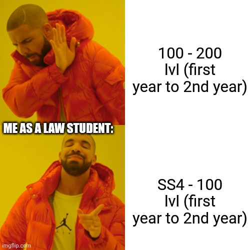 Law student | 100 - 200 lvl (first year to 2nd year); ME AS A LAW STUDENT:; SS4 - 100 lvl (first year to 2nd year) | image tagged in memes,drake hotline bling | made w/ Imgflip meme maker