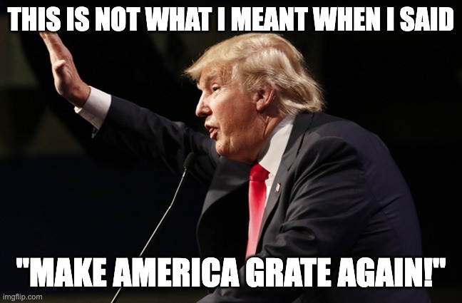 Trump profile Sieg Heil! Nazi salute | THIS IS NOT WHAT I MEANT WHEN I SAID "MAKE AMERICA GRATE AGAIN!" | image tagged in trump profile sieg heil nazi salute | made w/ Imgflip meme maker